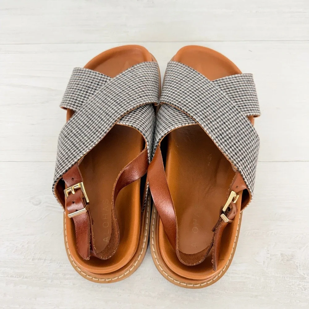 Alohas Marshmallow Sandals Women 39 US 8.5 Brown Houndstooth Platform Crisscross